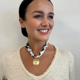 Scarf Necklace with round pendant and white stone inside