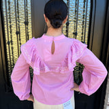 Tracey Cascading Ruffle Balloon Sleeve Blouse in Orchid Pink