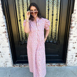 Tabitha Floral Print Mock Neck Button Down Maxi in Pink
