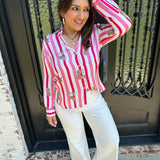 Vilagallo Pink Stripes Leopard Button Up Blouse