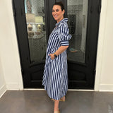 Betty Striped V-neck Midi Dress in Blue