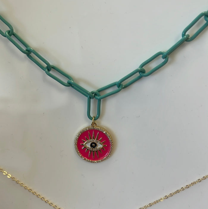 Enamel Colored Necklace with Eye Charm 15.75 Inch