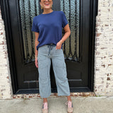 Grommet Waist Striped Wide Leg Jeans