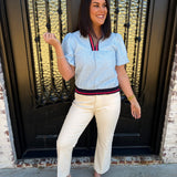 Anne Michael Stripe Accent V-Neck Textured Top