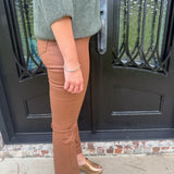 Tractr High Rise Coated Ankle Crop Flare in Cognac