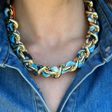 Scarf Necklace with Chunky Gold Chain in Blue Orange and Cream