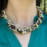 Scarf Necklace with Chunky Gold Chain in Brown Zebra