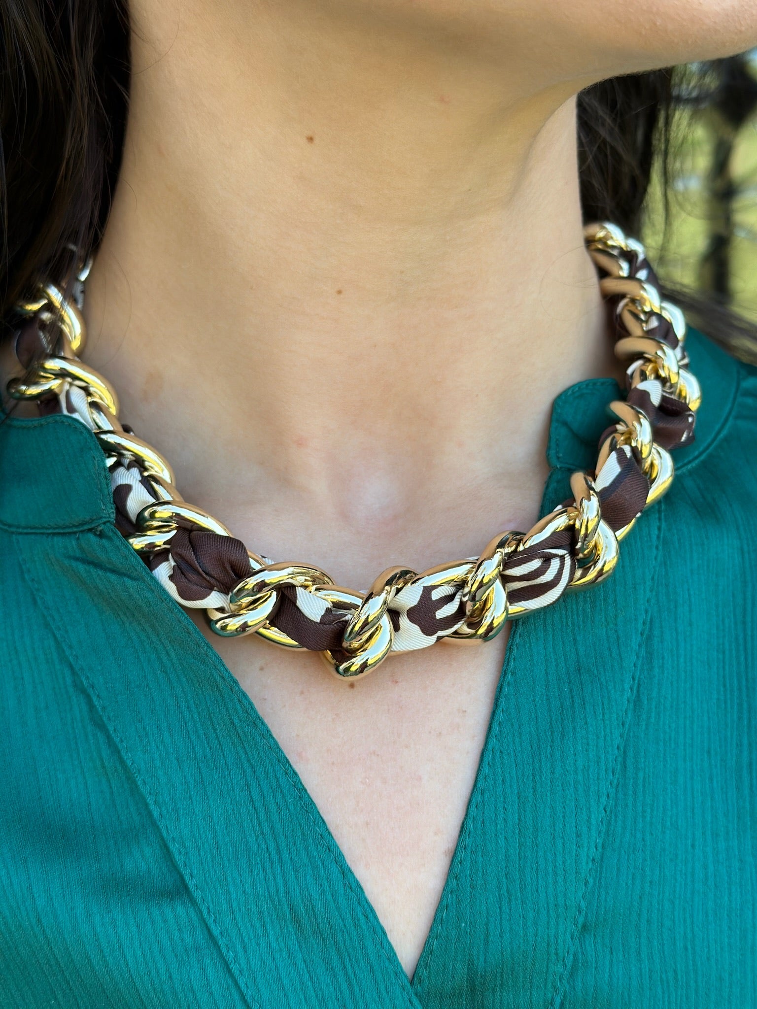 Scarf Necklace with Chunky Gold Chain in Brown Zebra