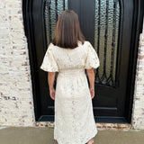 Lacey Pleated Waist Half Front Button Up Eyelet Maxi