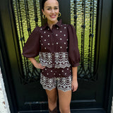 Henley Top and Shorts Set in Brown