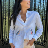Vilagallo White Linen Button Up with Jumping Fish