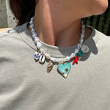 Cream Bead Heart Charm Necklace