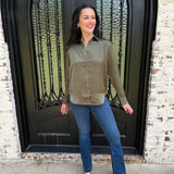 Spanx Better Than Silk Button Down Shirt in Dark Pine