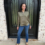 Spanx Better Than Silk Button Down Shirt in Dark Pine