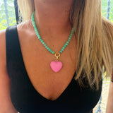 Beaded Jade Necklace with Pink Heart Charm