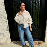 Brooks Batwing Seersucker Button Up Top in Almond