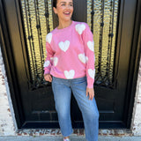 Fuzzy Heart Crewneck Sweater in Pink