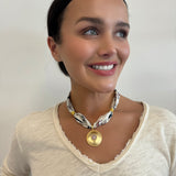 Scarf Necklace with Round Pendant and Pink Stone