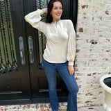 Ribbed Satin Sleeve Janie Top in Pearl