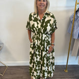 Short Sleeve Green & Ivory Midi Dress