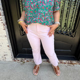 High Rise Ankle Crop Flare w/ Side Slit Fray Hem in Cherry Blossom