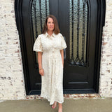 Lacey Pleated Waist Half Front Button Up Eyelet Maxi