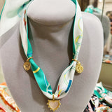 Scarf Necklace Sand Dollar, Beaded Iridescent Heart, Shell in Green