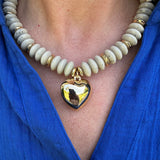 Beige Marble Wide Beaded Necklace with Gold Heart Pendant
