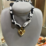 Scarf Necklace with Gold Bubble Heart Charm in Black and White