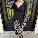 Jia Embroidered Midi Dress in Black