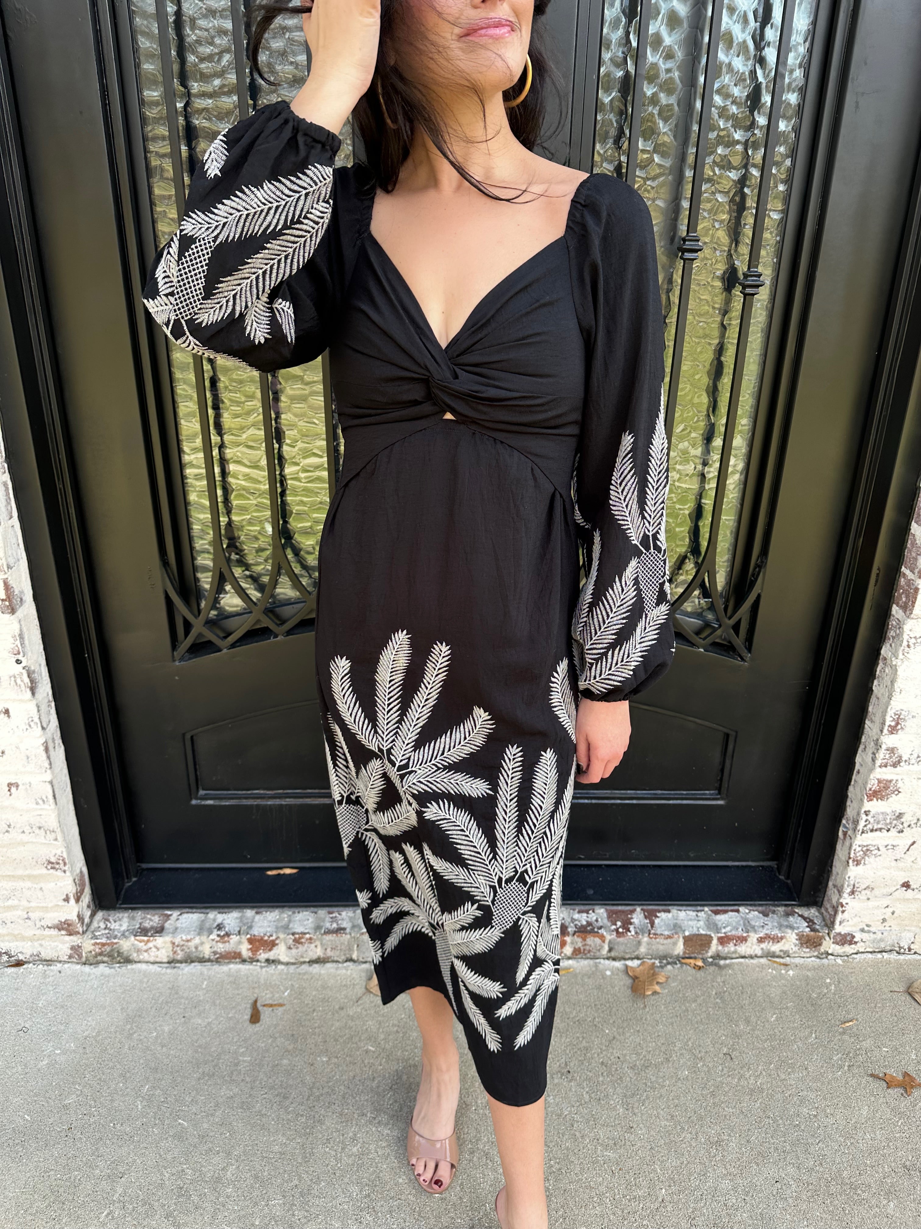 embroidered black midi dress Womens Tribal Embroidered Square Neck Midi Dress in Black S