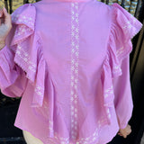 Tracey Cascading Ruffle Balloon Sleeve Blouse in Orchid Pink