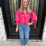 Sunny Days Stripe Button Up Puff Sleeve Top in Pink