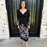 Jia Embroidered Midi Dress in Black