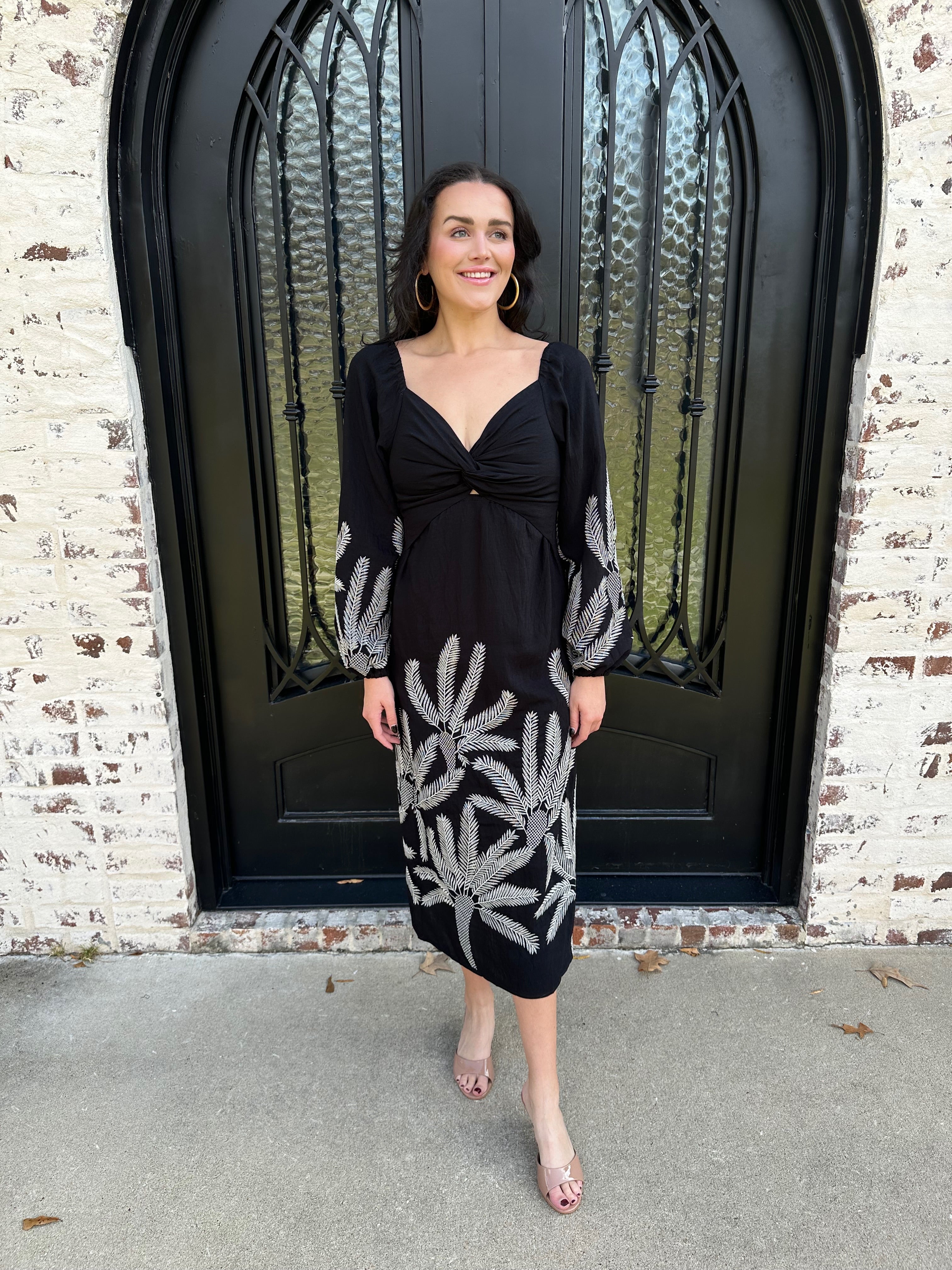 black embroidered dress midi Black Bold Flowers Long Sleeve Midi Dress