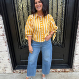 Sunny Days Stripe Button Up Puff Sleeve Top in Gold