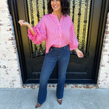 Rowan Pinstripe Voluminous Bubble Sleeve Top in Pink