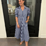 Betty Striped V-neck Midi Dress in Blue