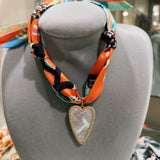 Scarf Necklace with Large Diamond Trimmed Iridescent Heart in Orange