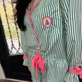 Green & Pink Stripe Christmas Pajama Set in Kelly Green