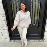 Brooks Batwing Seersucker Button Up Top in Almond