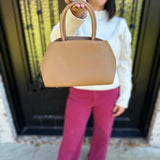 Top Handle Leather Purse with Gold Buckles in Camel