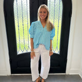 Hannah Ruffle Vneck Stripe in Aqua