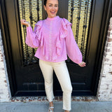 Tracey Cascading Ruffle Balloon Sleeve Blouse in Orchid Pink