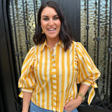Sunny Days Stripe Button Up Puff Sleeve Top in Gold