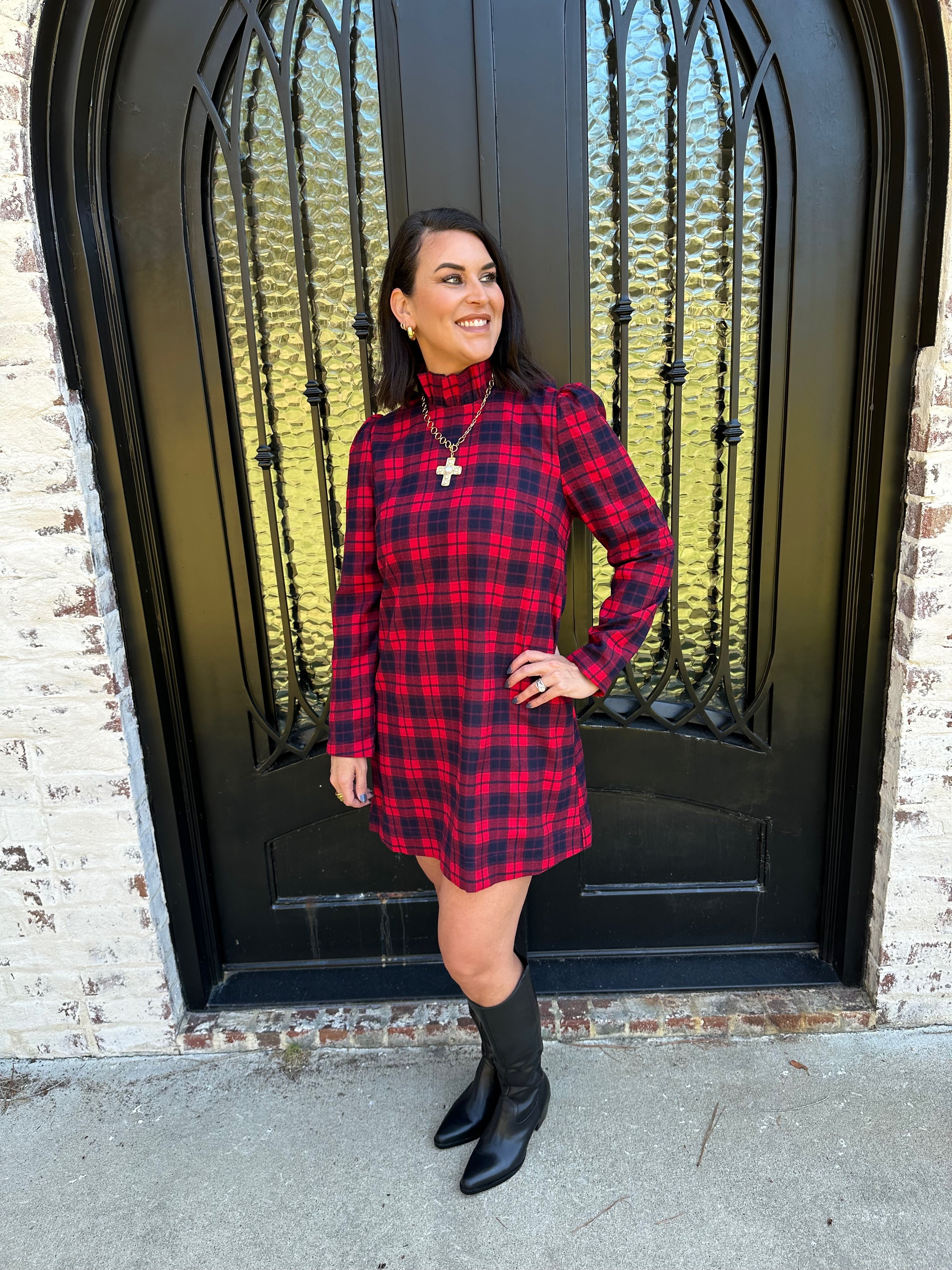 Plaid Mini Dress with Back Tie in Red L Plaid Mini Dress with Back Tie in Red L