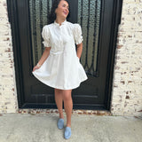 Karlie Solid Poplin Ruffle Neck Pleated Dress