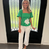 Emmy Linen Top in Emerald/White