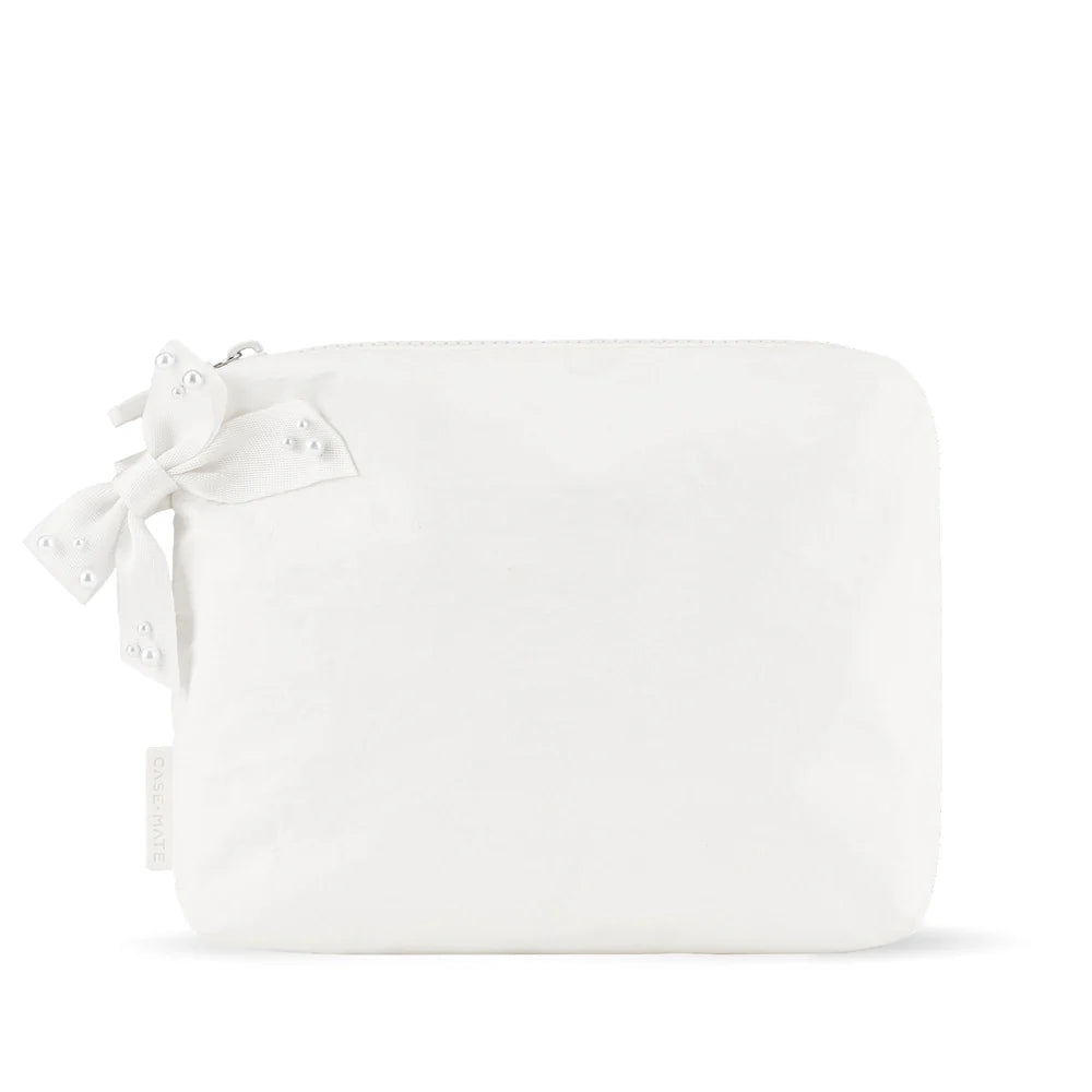 Ivory bow zip pouch makeup bag