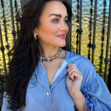 Gold Chain Wrapped Scarf Necklace in Blue and White